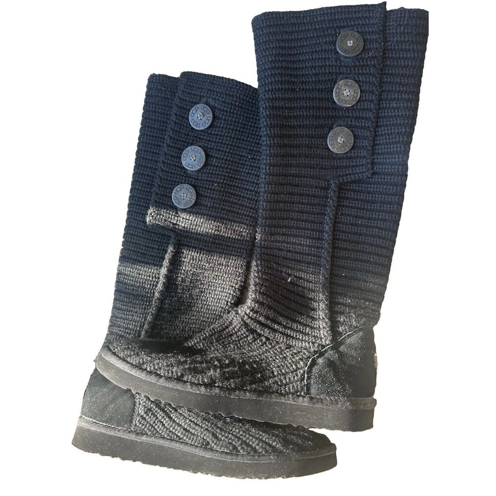 UGG Classic Cardy Knit Button Boots Black Sheepskin Mid Calf Women’s Size 10